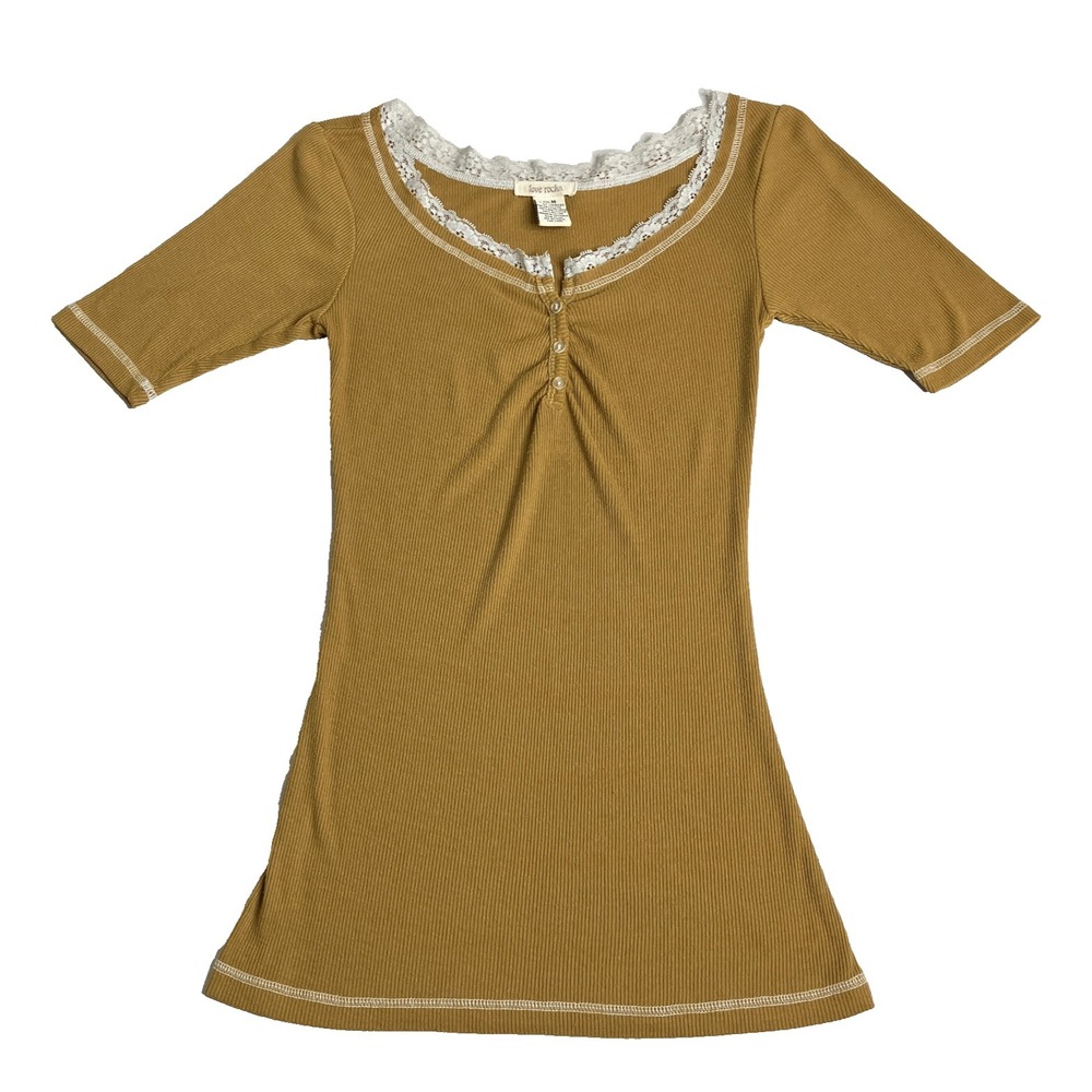Vintage Y2K 90s Love Rocks‎ Top Womens M Lace Henley Bella Swan Coquette Grunge